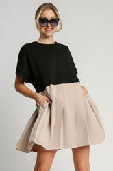 Umgee Full Size Round Neck Pleated Dress with Side Pockets Plus Size Black OutfitFlow